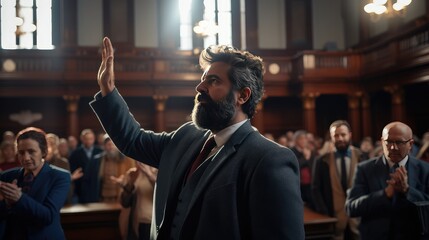 In the midst of the courtroom, a man's unwavering gaze reflects the sincerity of his pledge, as he takes an oath to speak the truth. - obrazy, fototapety, plakaty