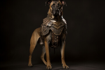 Armoured mastiff close-up portrait on a white background.	

