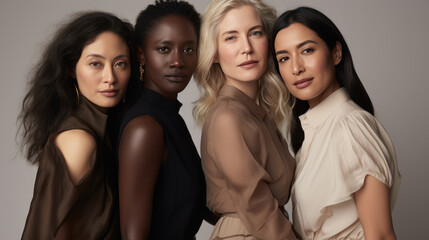 Obraz premium Group portrait of women of different ages and ethnic backgrounds, smiling and embracing each other, symbolizing diversity and unity.
