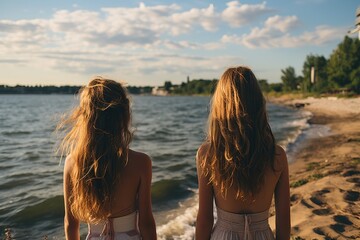 Back view of two girls sitting on the beach