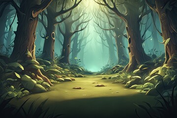 background illustration of a dirt road in the middle of a foggy forest - obrazy, fototapety, plakaty