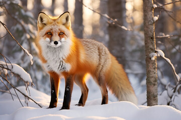 Fox front view in cold winter landscape licking her nose and slowly walking, Vulpes  A watercoolers bright serene image of a traditional Bahay kudo. AI Generative 