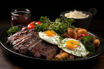 Grilled steak with eggs and vegetables