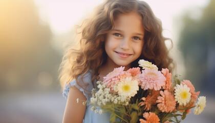 Beautiful smiling girl 10-12 years old with a bouquet of flowers on a sunny day