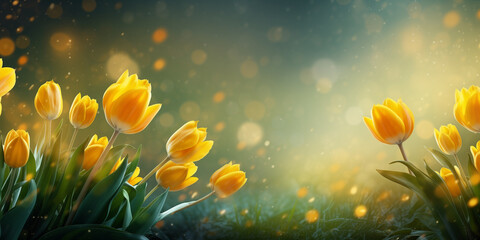 Spring background with yellow tulips on blurred background, bokeh