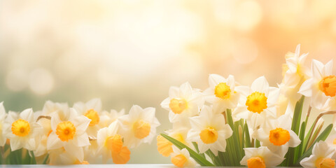 Spring background with white daffodils on blurred light background, bokeh