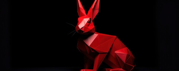 Red rabbit origami isolated on a black background - obrazy, fototapety, plakaty
