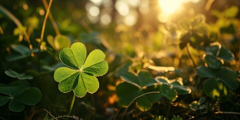 Four-leaved shamrocks in a forest, backlit by the midday sun, Lucky Irish Four Leaf Clover in the Field for St. Patrick's Day holiday symbol. - obrazy, fototapety, plakaty