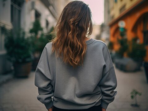 Walking Woman Back View Wearing Oversize Dark Grey Gildan