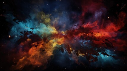 abstract digital artwork captures the intense and vibrant scene of a cosmic collision within an interstellar nebula, resembling a celestial inferno of galactic proportions.