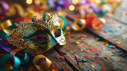 Carnival Party. Venetian Mask With Colorful Streamer And Whistle