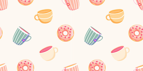 Cute seamless pattern with tea cups and donuts. Vector hand-drawn illustration in doodle style. Perfect for print, menu, wrapping paper, wallpaper, various designs.	