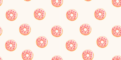 Seamless donuts pattern with pink glaze. Cartoon cute background. Vector illustration for packaging, banner, poster, menu in the bakery. 
