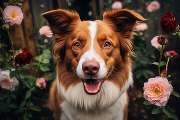 Portrait of a white and red border collie with his nose pointed in flower garden
