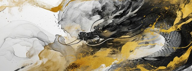 Happy New Year dragon, in the style of minimalistic brushstrokes, dark white and light gold, ink-wash landscape,.