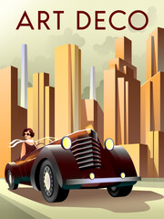 The woman in the car on the road in the Metropolis. Handmade drawing vector illustration. Art deco style poster.
