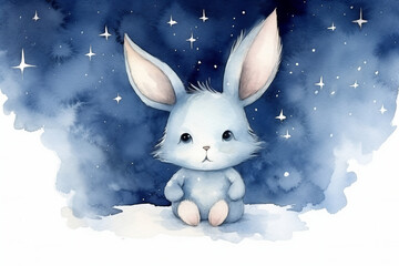 Adorable baby bunny looking at the stars, watercolor night sky in shades of blue. 