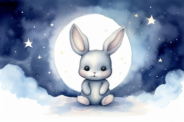 Adorable baby bunny looking at the stars, watercolor night sky in shades of blue. Perfect for a peaceful nursery room frame
