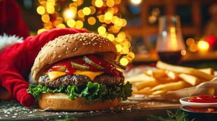 Christmas burger and french fries delivery menu. Santa hands with big tasty cheeseburger with french fries and ketchup sauce on festive Christmas and New Year decorated background