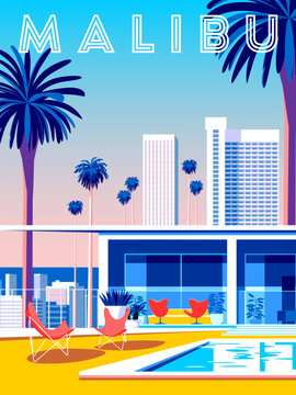 Landscape with swimming pool and mid-century house in the first plan and trees and palms in the background. Handmade drawing vector illustration. Malibu travel poster.