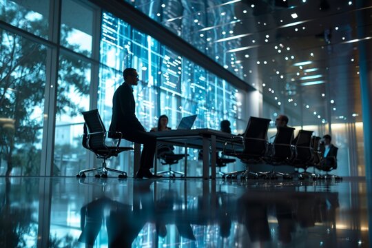 A Professional Setting With A Business Man Chairing A Meeting, Surrounded By Professionals In A Sleek Boardroom, Using A High-tech Display To Convey Important Information And Insights.