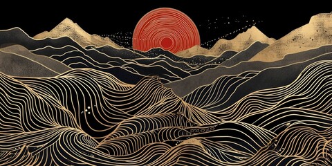 Abstract japanese style landscapes lined waves in black and gold colours - obrazy, fototapety, plakaty