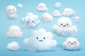 AI-generated image of fluffy, white cloud characters with happy faces, on a pastel blue background.  