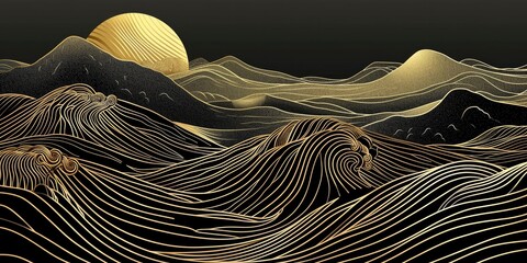 Abstract japanese style landscapes lined waves in black and gold colours