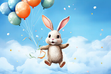 Cheerful baby bunny holding watercolor balloons, floating in a sky-blue background. generative ai,  generative , ai, 