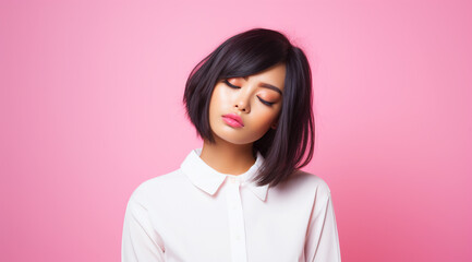 Fototapeta premium Young asian woman with closed eyes on pink background portrait
