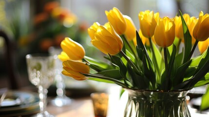 Yellow tulips at easter dining table