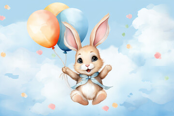 Cheerful baby bunny holding watercolor balloons, floating in a sky-blue background. Ideal for a playful baby room decor , generative ai,  generative,  ai, 