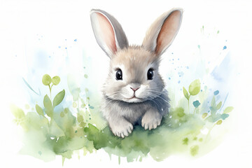 Cute baby rabbit sitting by a watercolor pond, serene blue and green setting. Ideal for a calming baby room atmosphere, generative ai,  generative,  ai, 