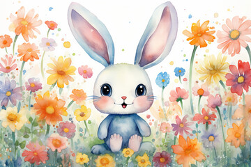 Happy baby bunny in a colorful watercolor flower garden, bright and cheerful for nursery decor.  generative ai,  generative , ai, 