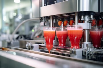 Compact appliance making drinks on juice assembly line. Generative AI - obrazy, fototapety, plakaty