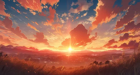 Foto op Canvas illustration of a sunset view seen from the top of a hill © Sanichiro