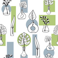 Geometric seamless pattern with vases of different shapes and leaves. Modern vases for the interior. Geometric Graphics Boho decor