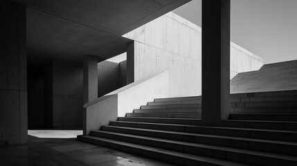 Modern minimalist design captured in monochrome, emphasizing geometric purity and elegance. The interplay of light and structure in contemporary architecture, a vision of simplicity and form