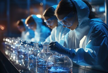 Lab workers with masks and goggles working in a laboratory  - obrazy, fototapety, plakaty