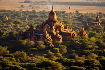 Bagan, Myanmar, hot air balloons over ancient temples - Views from above, mysterious cultural heritage - obrazy, fototapety, plakaty