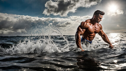AI Generate Image of a Body Builder Posing between the sea water - obrazy, fototapety, plakaty