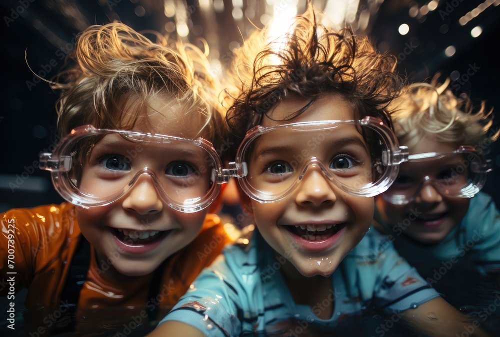 Wall mural Three  young kids are wearing goggles while swimming in a pool