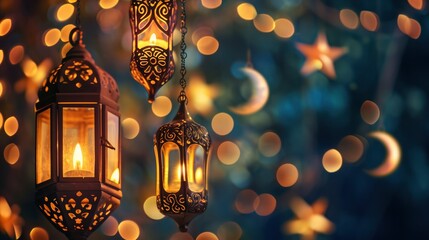 Arabic traditional Ramadan Kareem eastern lanterns garland. Muslim ornamental hanging golden lanterns on bokeh background. - obrazy, fototapety, plakaty