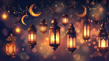 Foto op Canvas Arabic traditional Ramadan Kareem eastern lanterns garland. Muslim ornamental hanging golden lanterns, stars and moon vector illustration set. Islamic oriental style garland © EMRAN