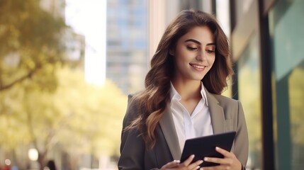 Young happy businesswoman using digital tablet while standing by the window in the office