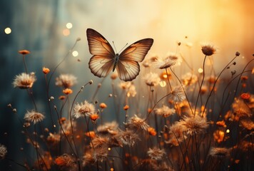 Romantic view of  butterfly flies over a field