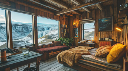 The interior of a rustic wooden hotel room with a view of the Northern Lights from the window - obrazy, fototapety, plakaty