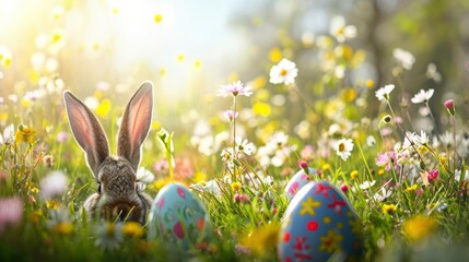 Easter bunny ears with easter eggs on meadow with flowers background banner - obrazy, fototapety, plakaty