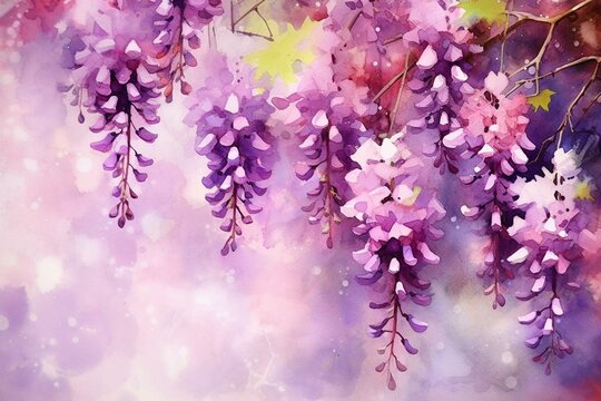 Abstract watercolor painting of purple wisteria flowers with bokeh background. Generative AI