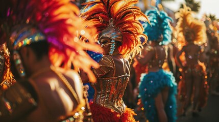 Group of a sexy girls in a colorful sumptuous carnival feather suit. - obrazy, fototapety, plakaty